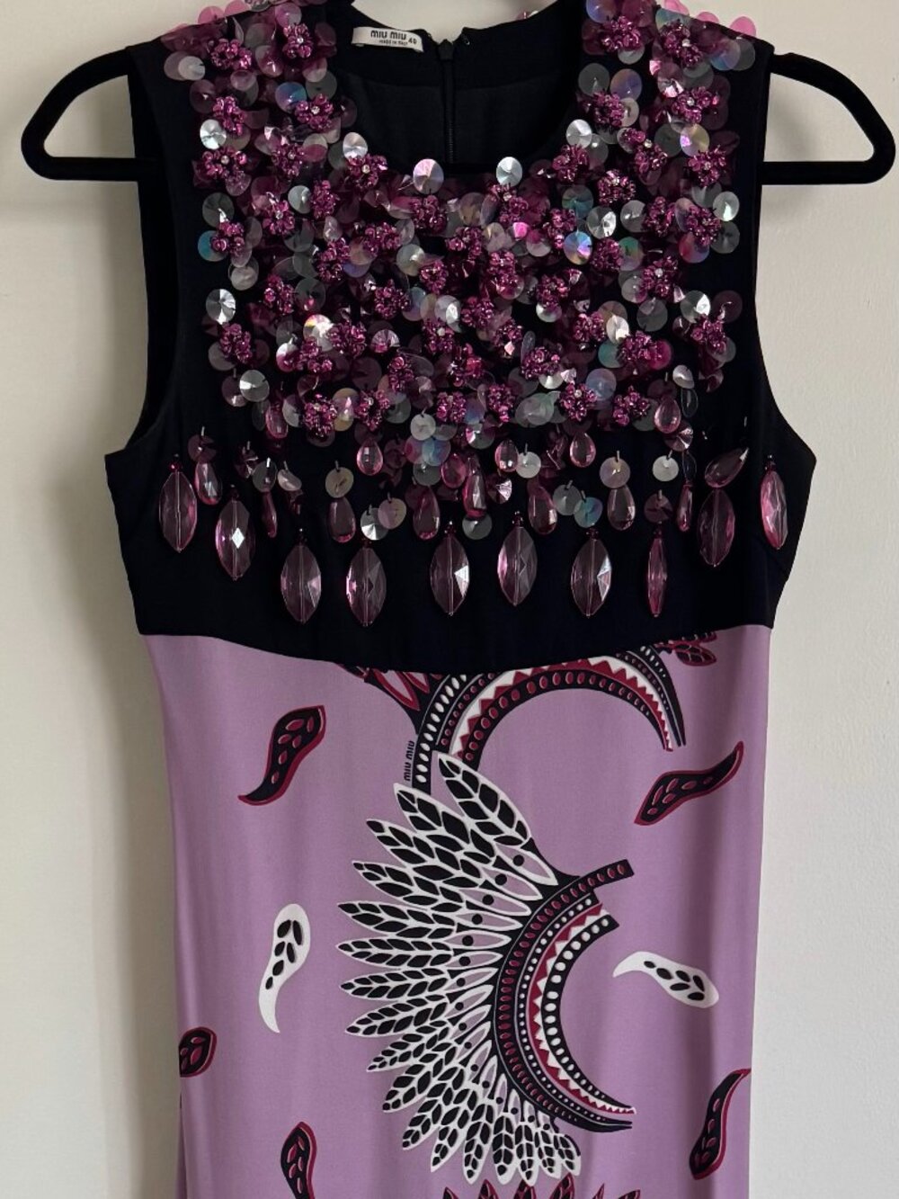 Miu Miu Embellished Sequin Lilac Logo Print Sleeveless Midi Dress IT 40 US 4